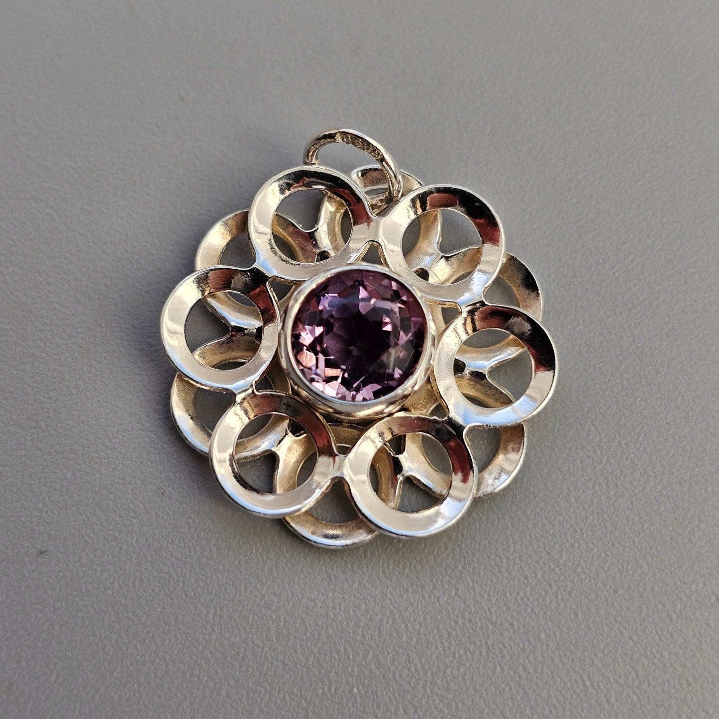 Vintage Modernist Silver & Amethyst Flower Necklace Pendant by Kultaseppä Salovaara