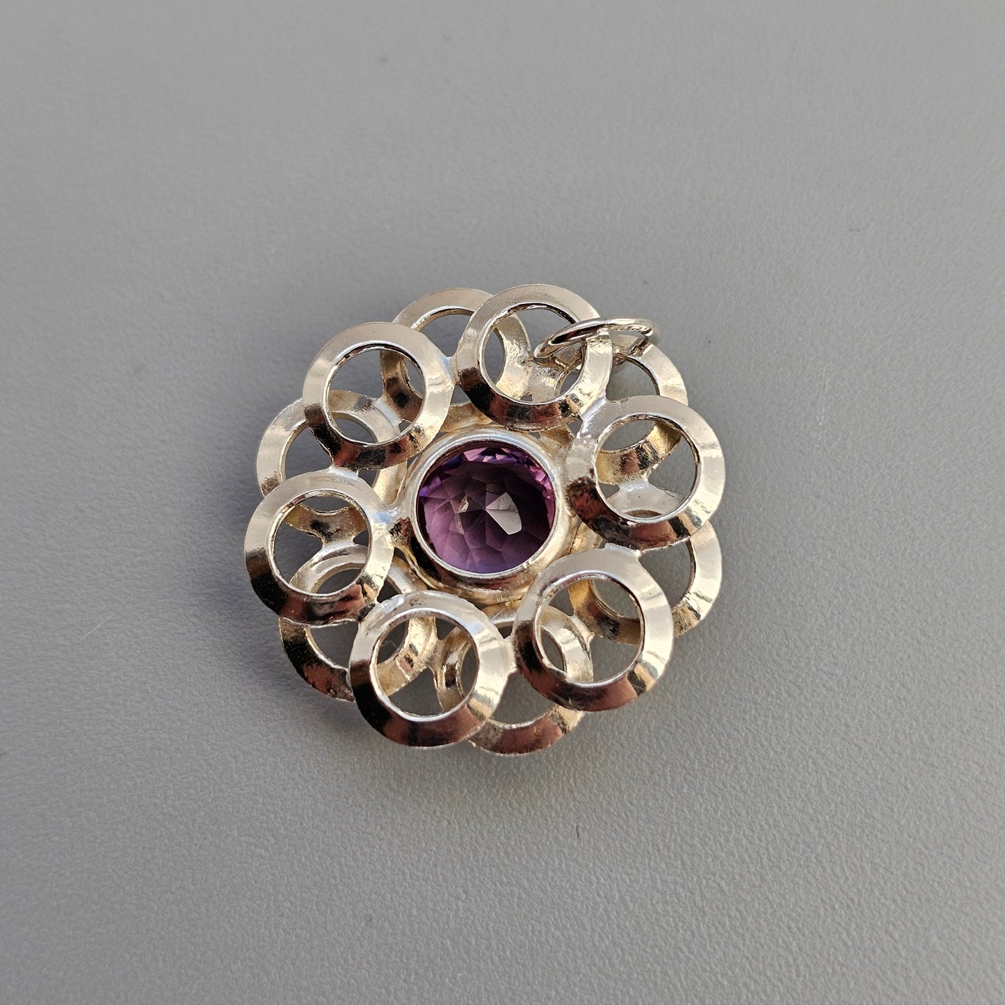 Vintage Modernist Silver & Amethyst Flower Necklace Pendant by Kultaseppä Salovaara