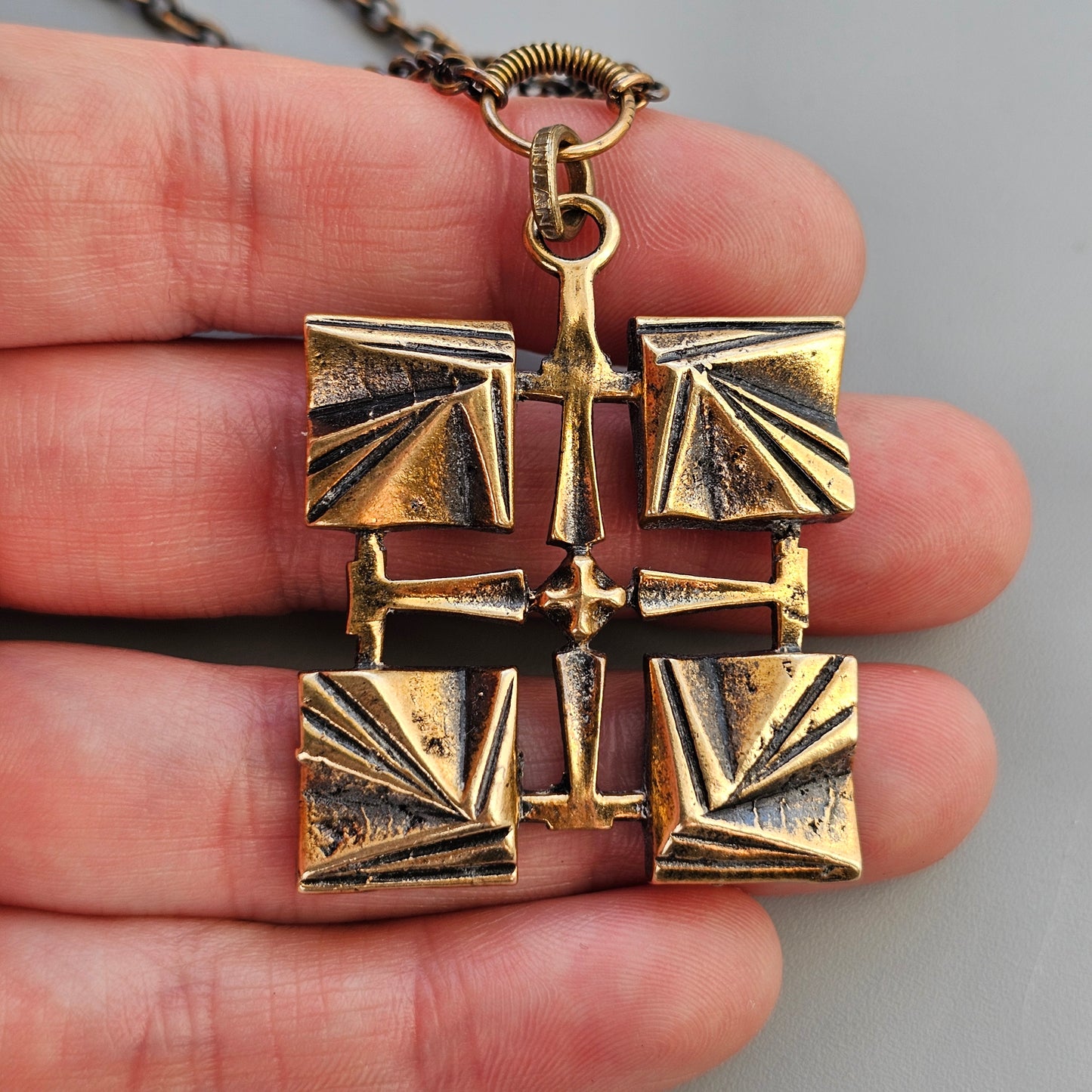 Modernist 1970s Pentti Sarpaneva Bronze Cross Necklace