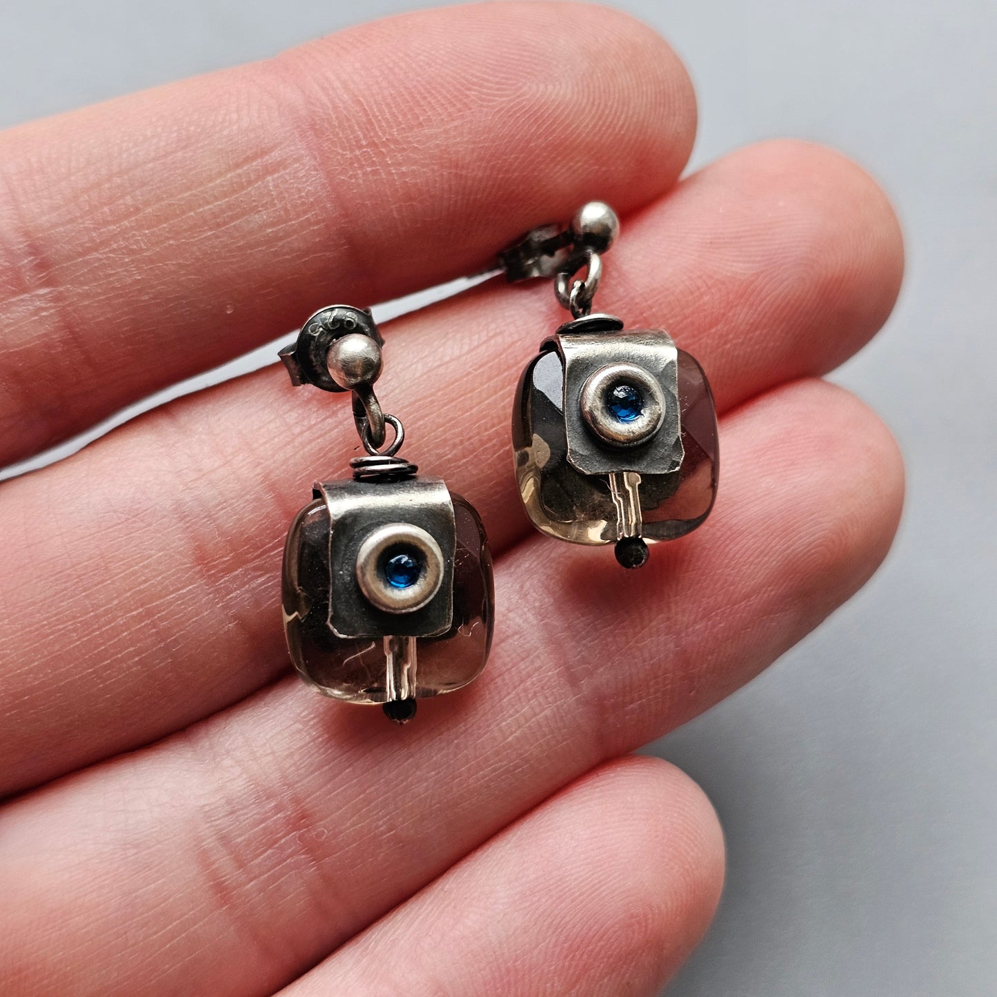 Contemporary Sterling Silver & Smokey Quartz Drop Earrings