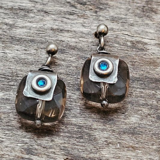 Contemporary Sterling Silver & Smokey Quartz Drop Earrings