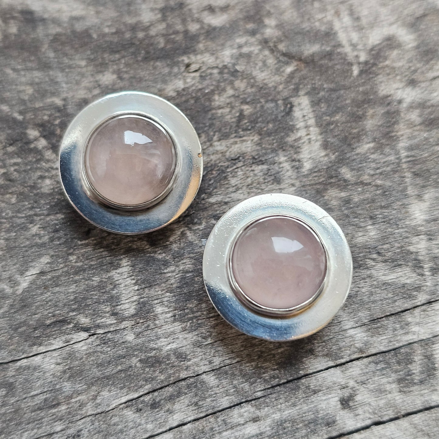 Vintage Modernist Finnish Sterling Silver & Rose Quartz Stud Earrings By Kaunis Koru