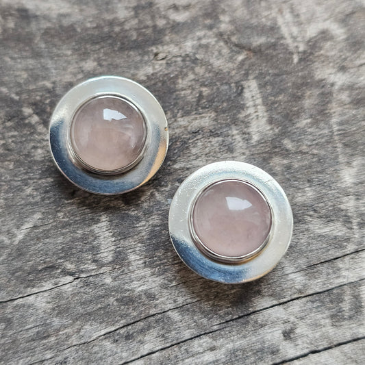 Vintage Modernist Finnish Sterling Silver & Rose Quartz Stud Earrings By Kaunis Koru