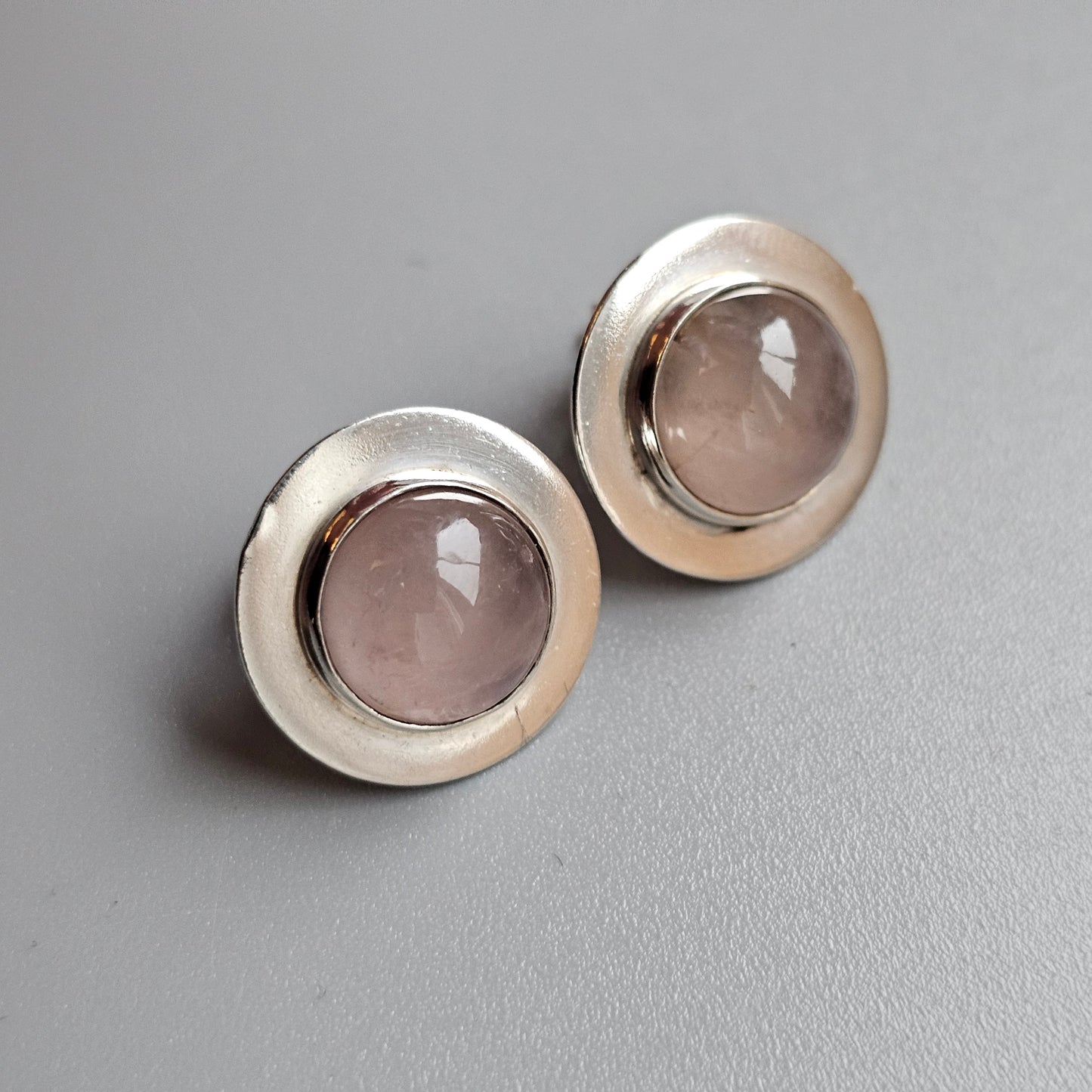 Vintage Modernist Finnish Sterling Silver & Rose Quartz Stud Earrings By Kaunis Koru