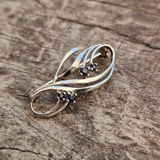 Vintage Modernist German Silver & Dark Blue Sapphire Brooch by Theodor Klotz