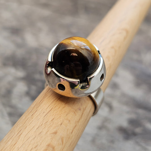 1960s Finnish Modernist Silver & Tigers Eye Ring — Martti Viikinniemi - UK Ring Size N -  US Ring Size 6.5 - 1966
