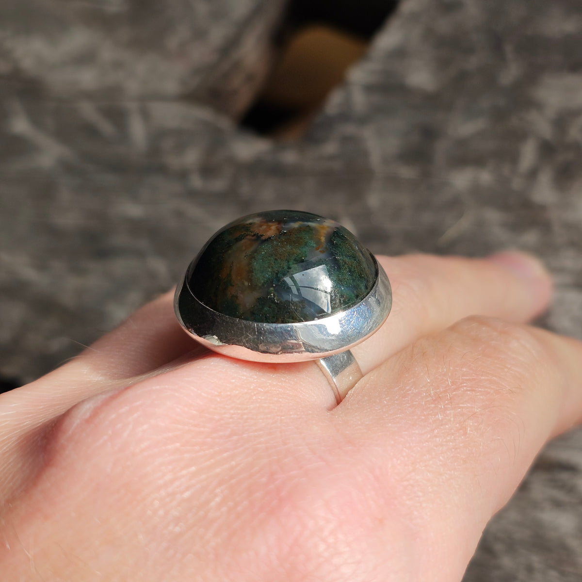 Vintage Scandinavian Sterling Silver Moss Agate Modernist Ring
