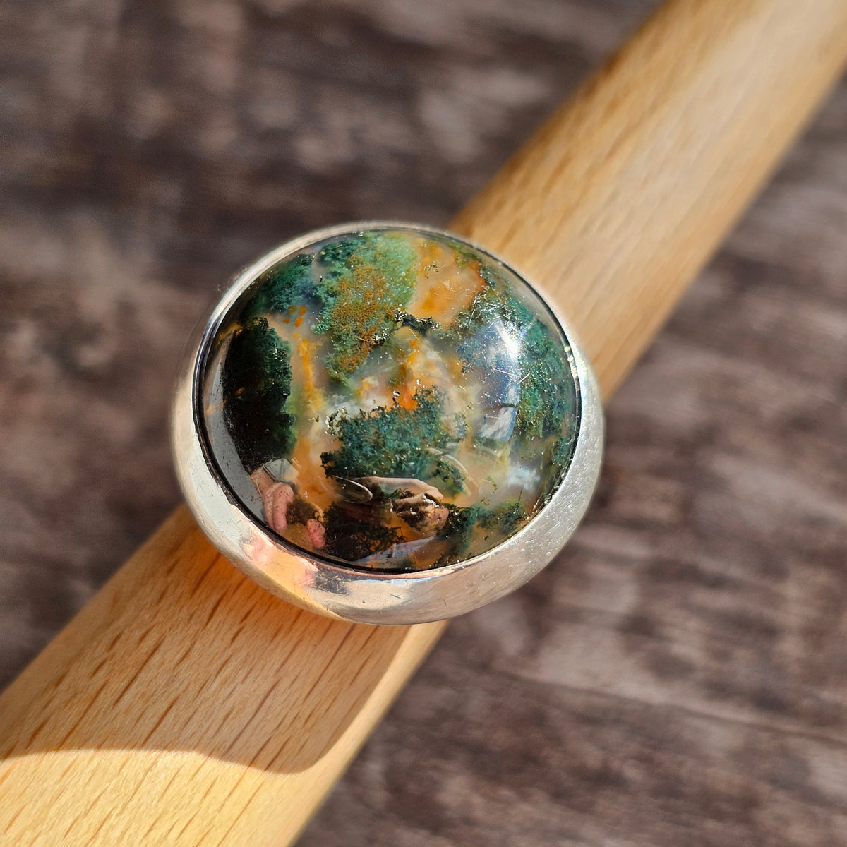 Vintage Scandinavian Sterling Silver Moss Agate Modernist Ring