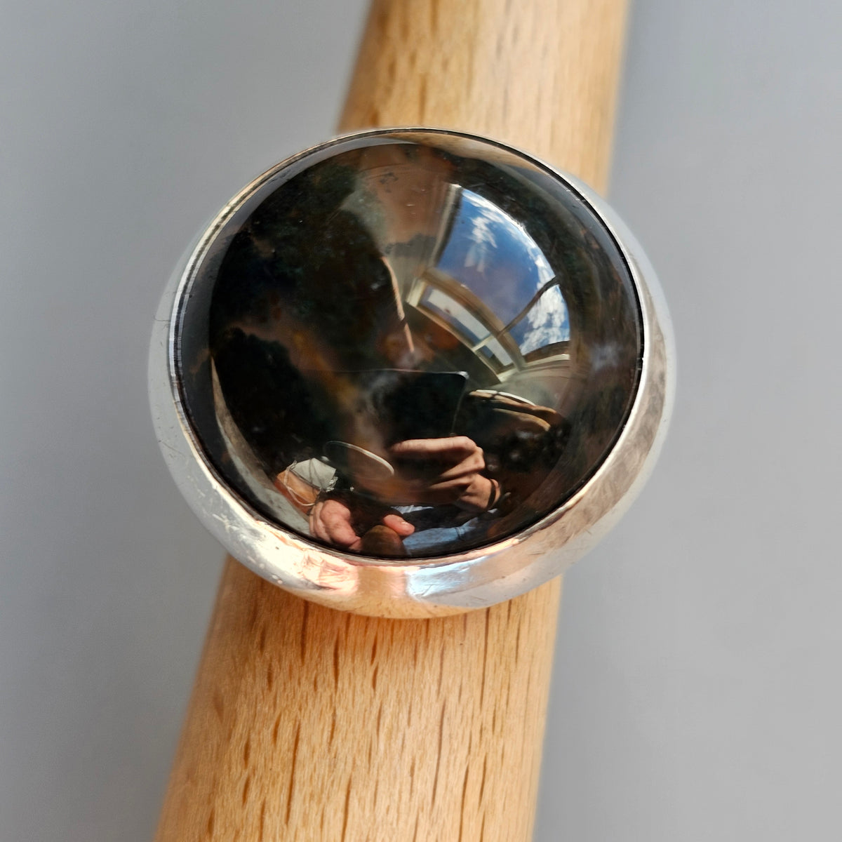 Vintage Scandinavian Sterling Silver Moss Agate Modernist Ring