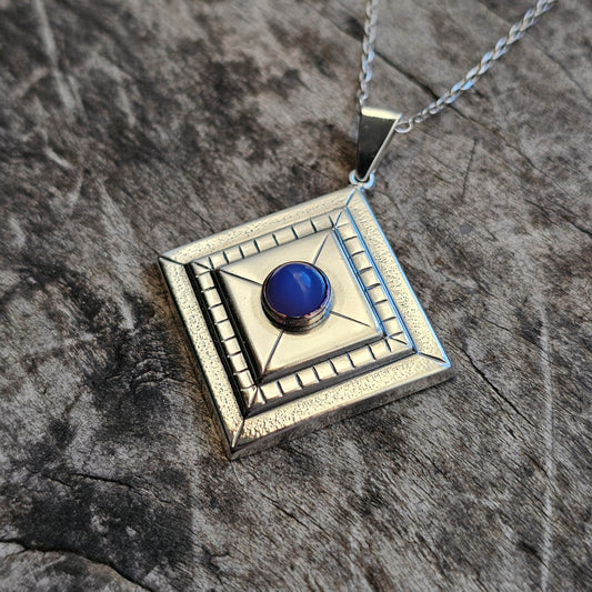 Vintage Modernist Finnish Silver & Blue Chalcedony Necklace Pendant