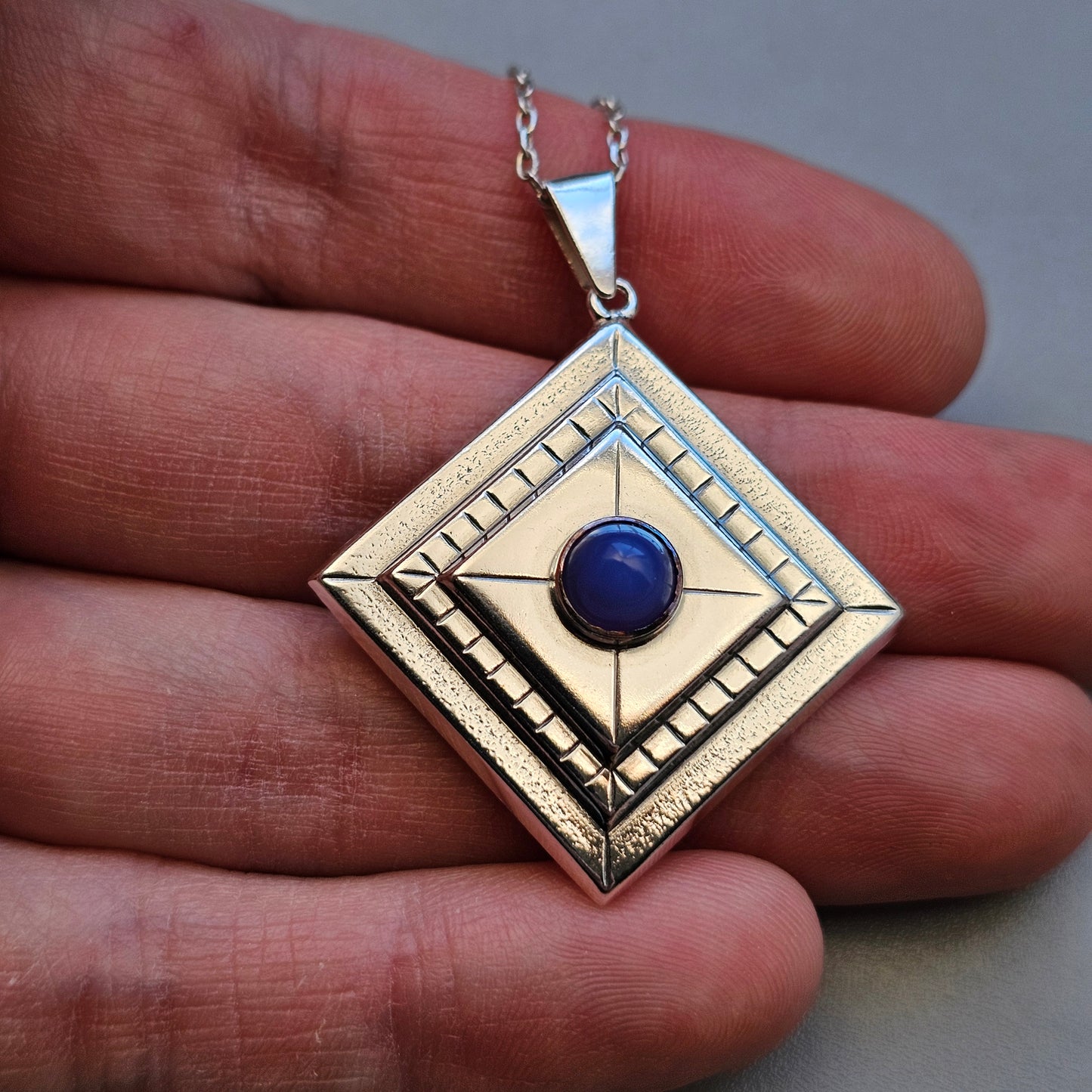 Vintage Modernist Finnish Silver & Blue Chalcedony Necklace Pendant