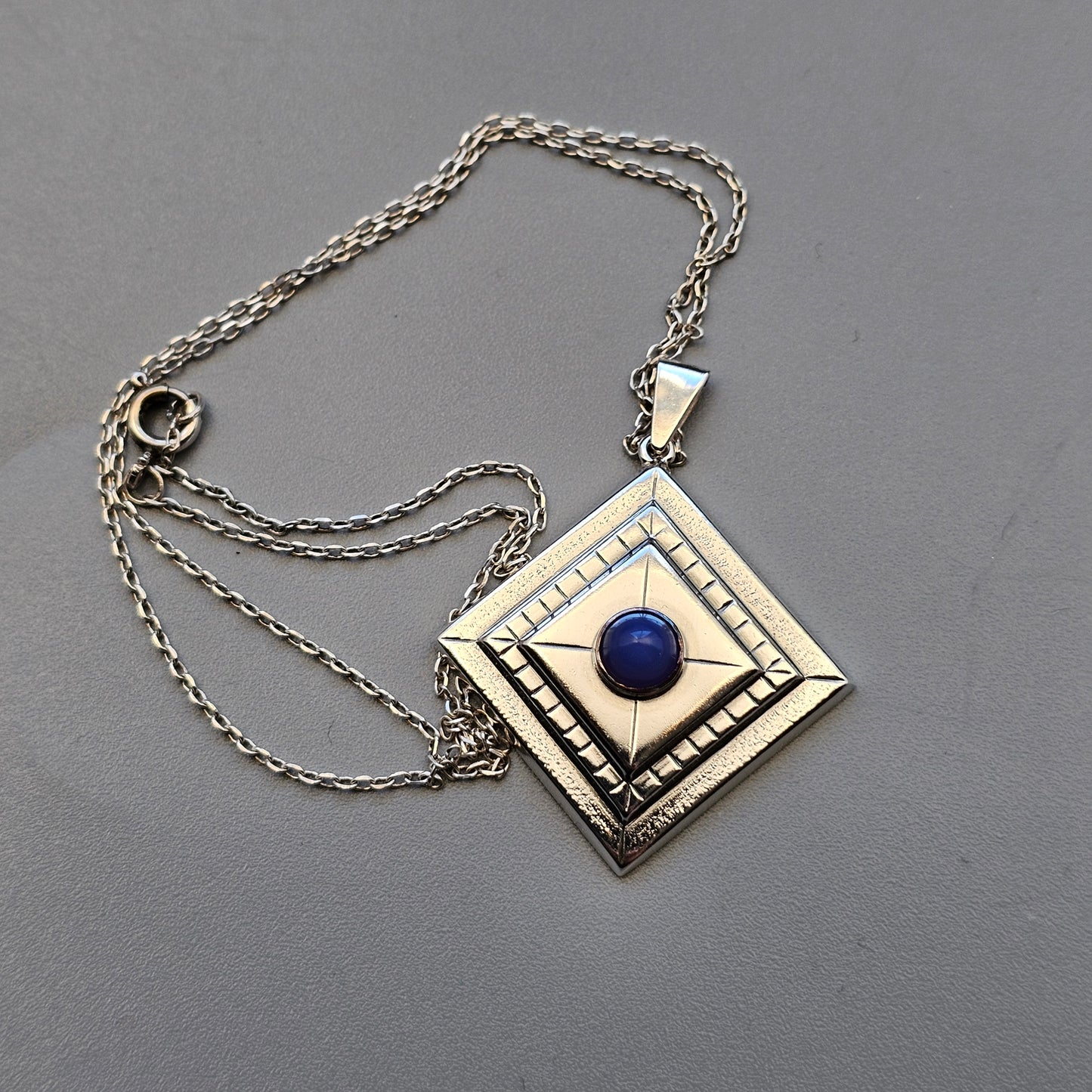 Vintage Modernist Finnish Silver & Blue Chalcedony Necklace Pendant