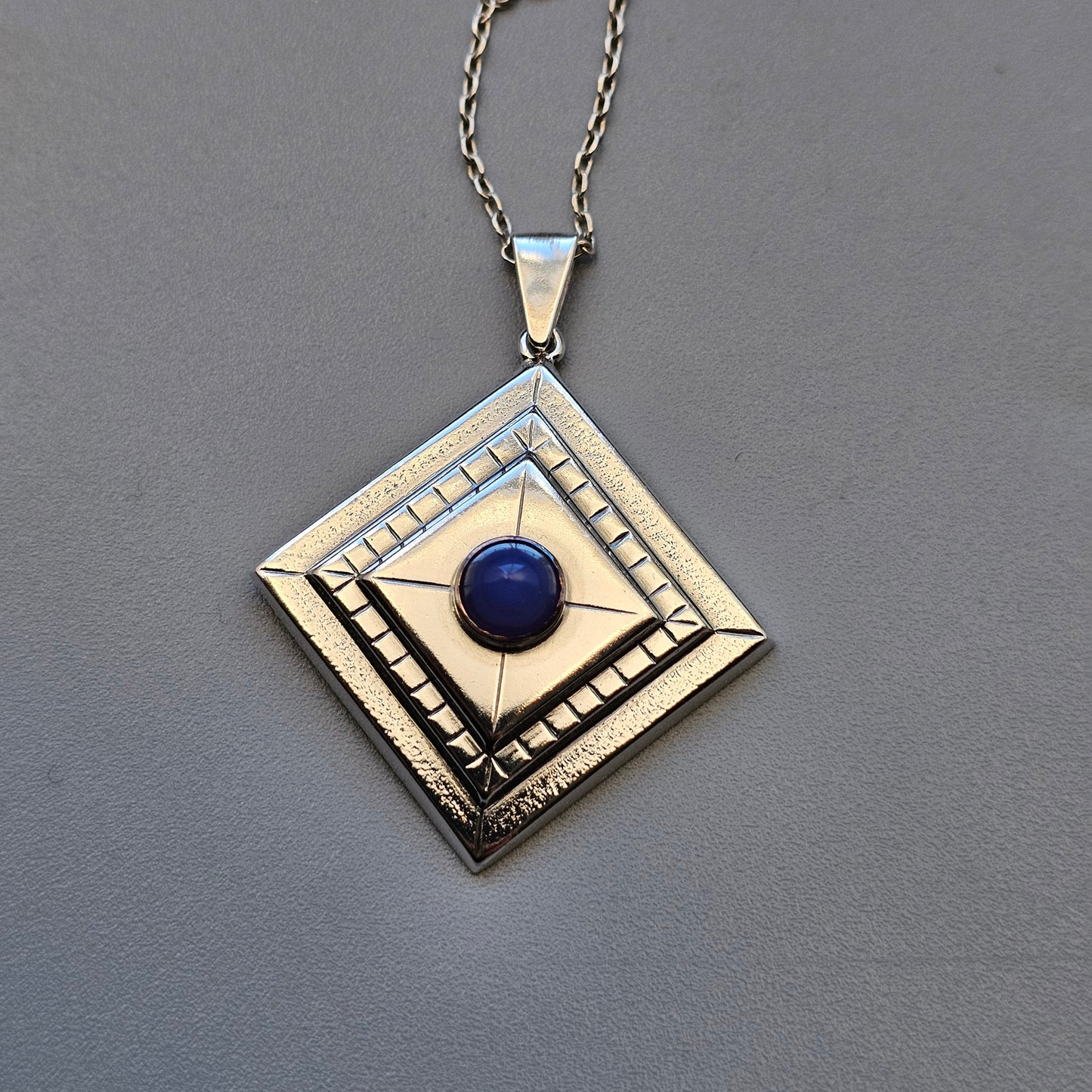 Vintage Modernist Finnish Silver & Blue Chalcedony Necklace Pendant