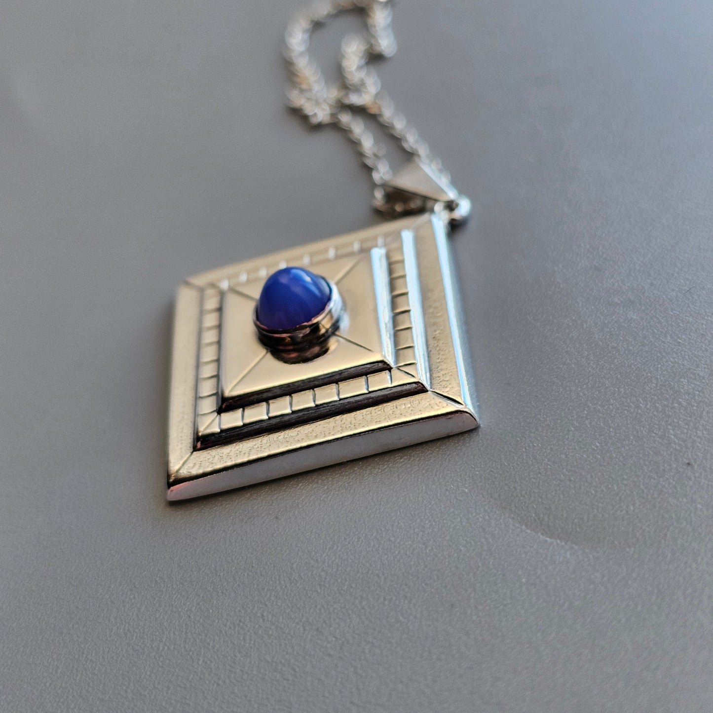 Vintage Modernist Finnish Silver & Blue Chalcedony Necklace Pendant