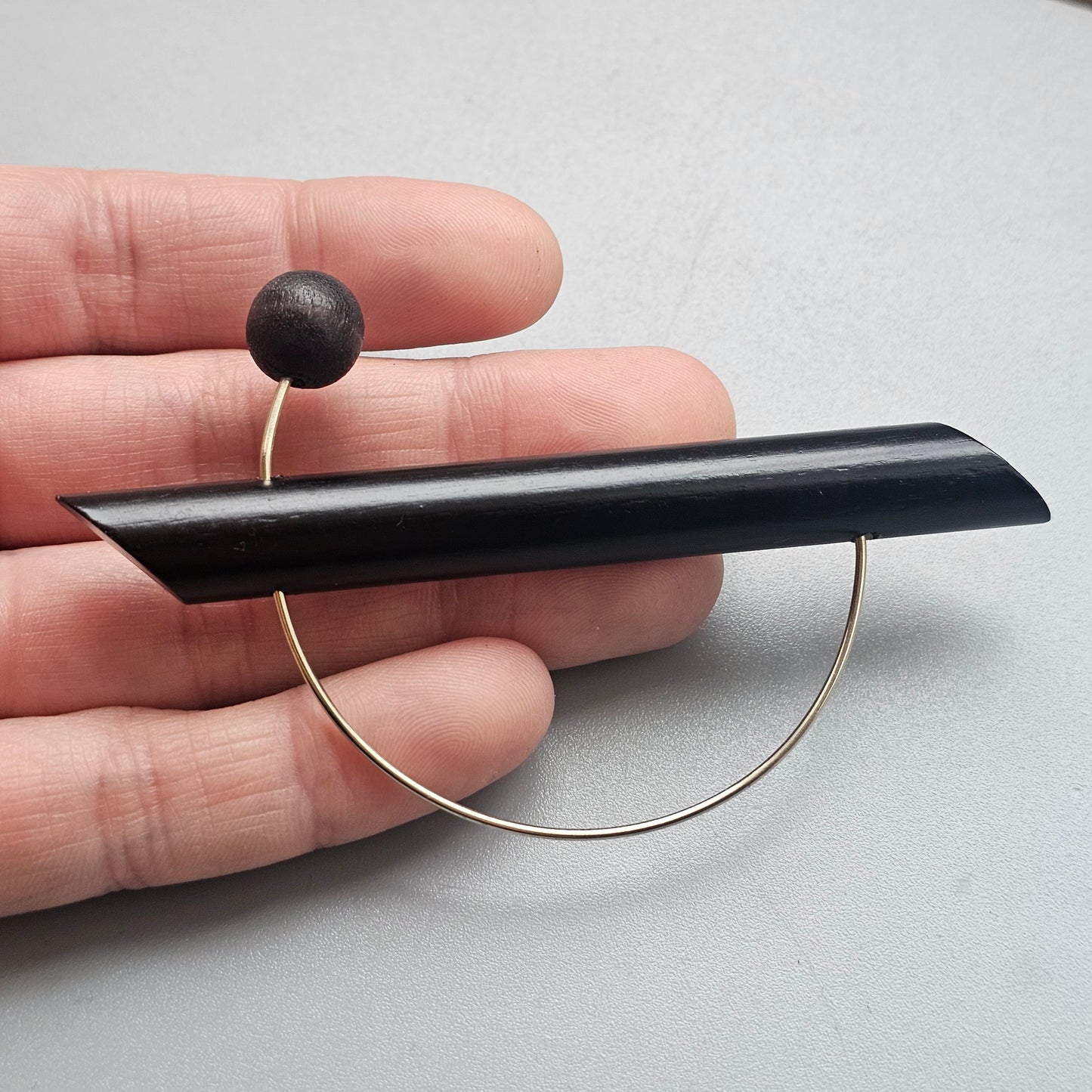 Vintage 1990s Aarikka Finland Black Wooden Brooch – UFO Modernist Scandinavian Design