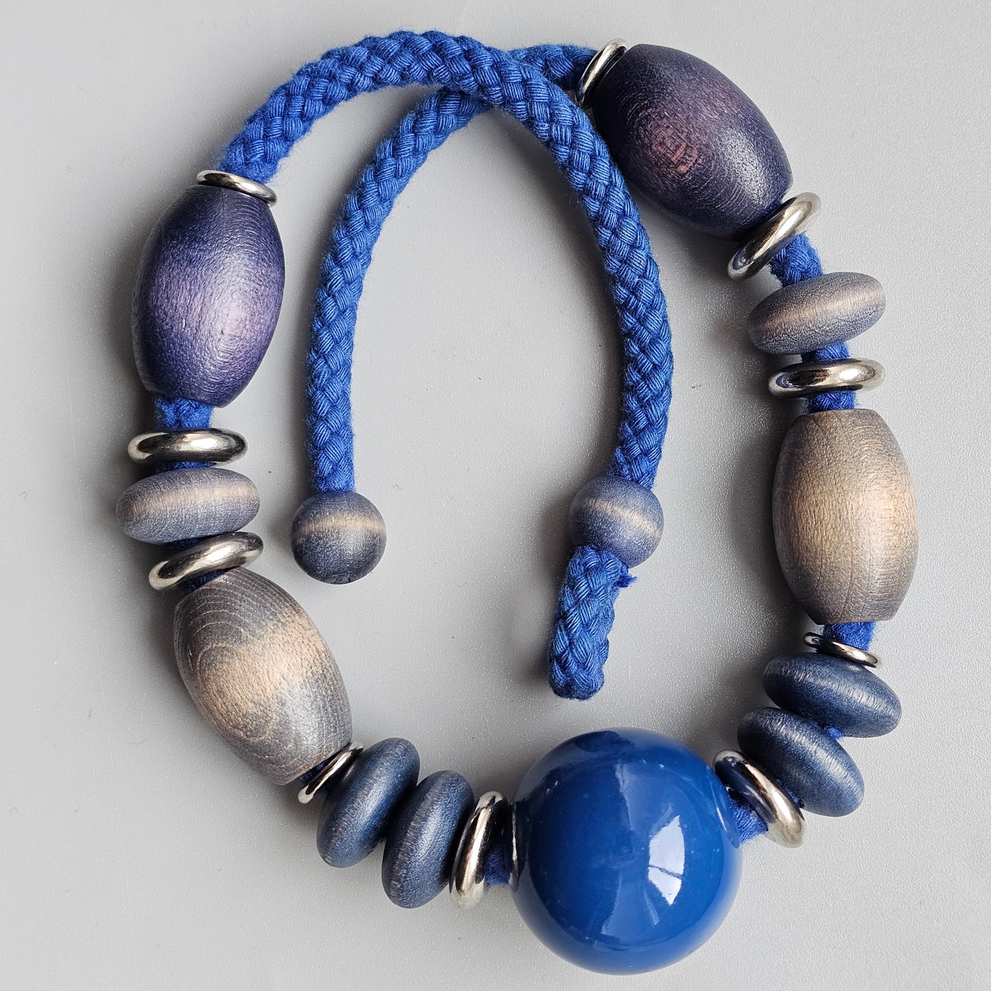 Vintage 1980s Aarikka Finland Blue Wooden Beaded Necklace