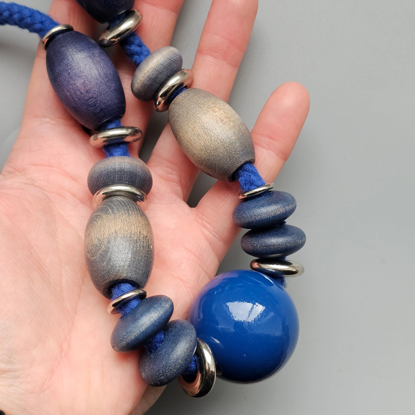 Vintage 1980s Aarikka Finland Blue Wooden Beaded Necklace