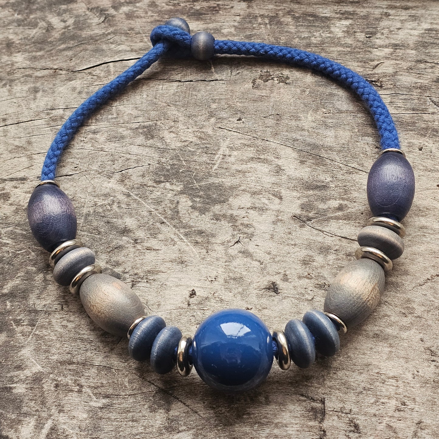 Vintage 1980s Aarikka Finland Blue Wooden Beaded Necklace