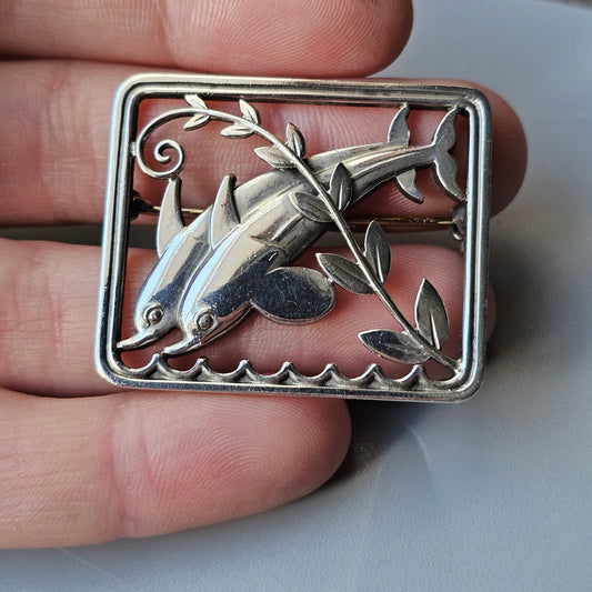 Vintage 1950s Georg Jensen Sterling Silver Brooch 251 Dolphins Arno Malinowski Design Denmark 1950