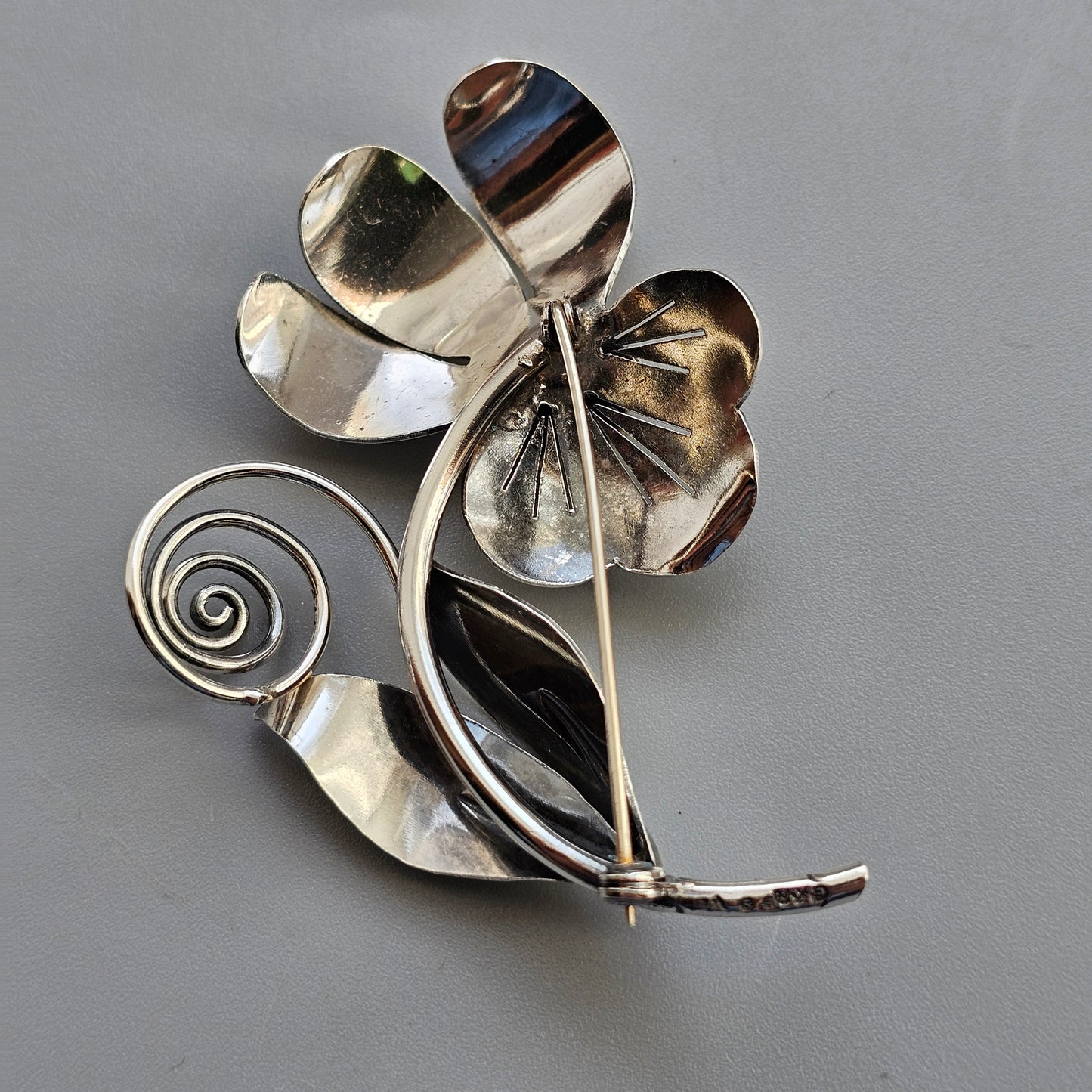 Vintage Mid Century Swedish Silver Flower Brooch by G Kaplan
