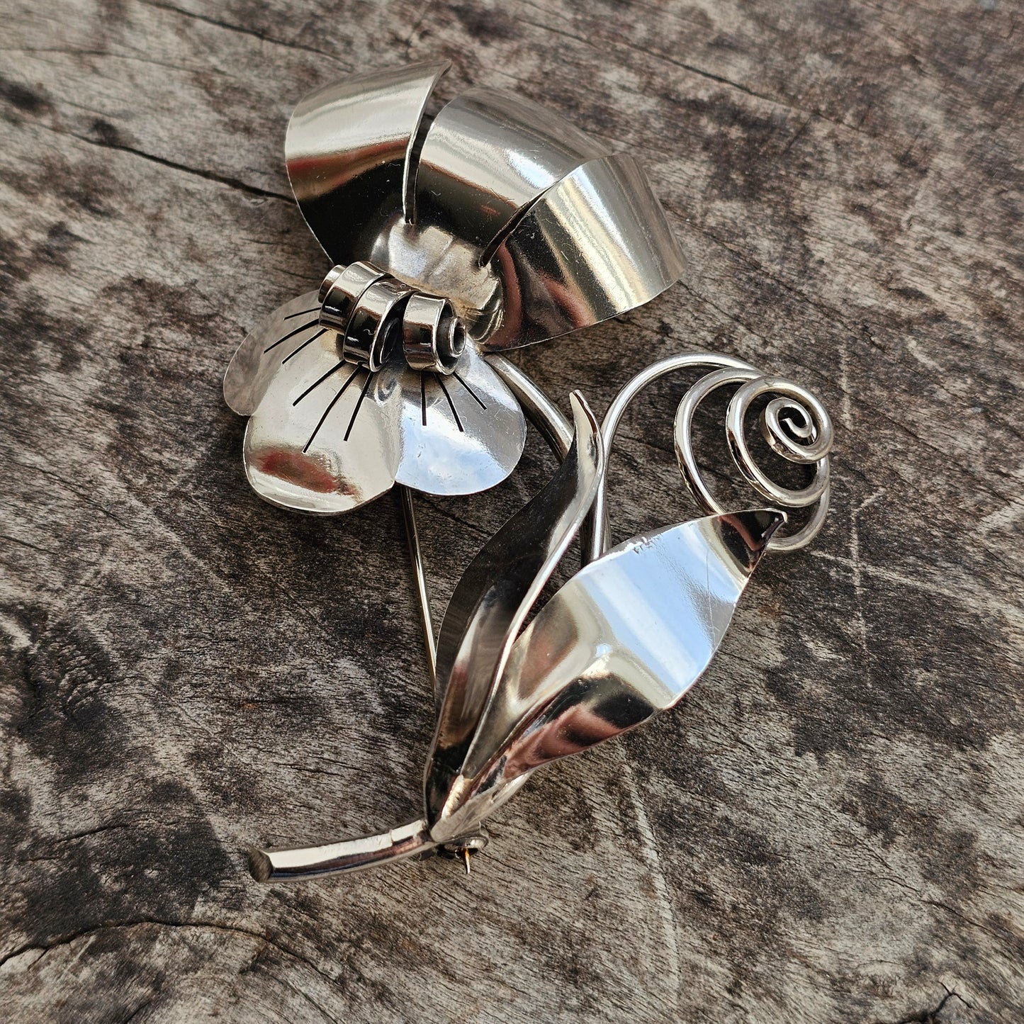 Vintage Mid Century Swedish Silver Flower Brooch by G Kaplan