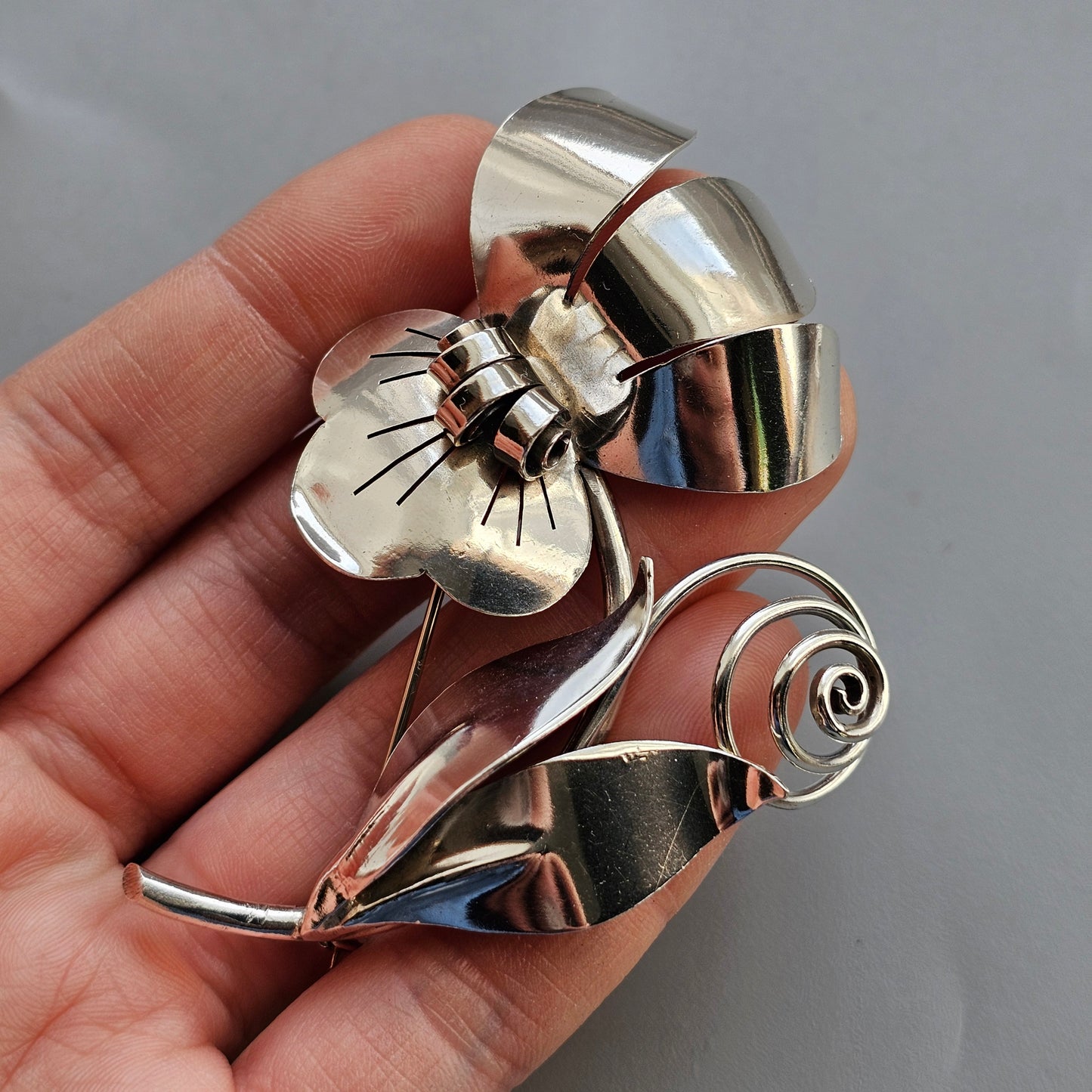 Vintage Mid Century Swedish Silver Flower Brooch by G Kaplan