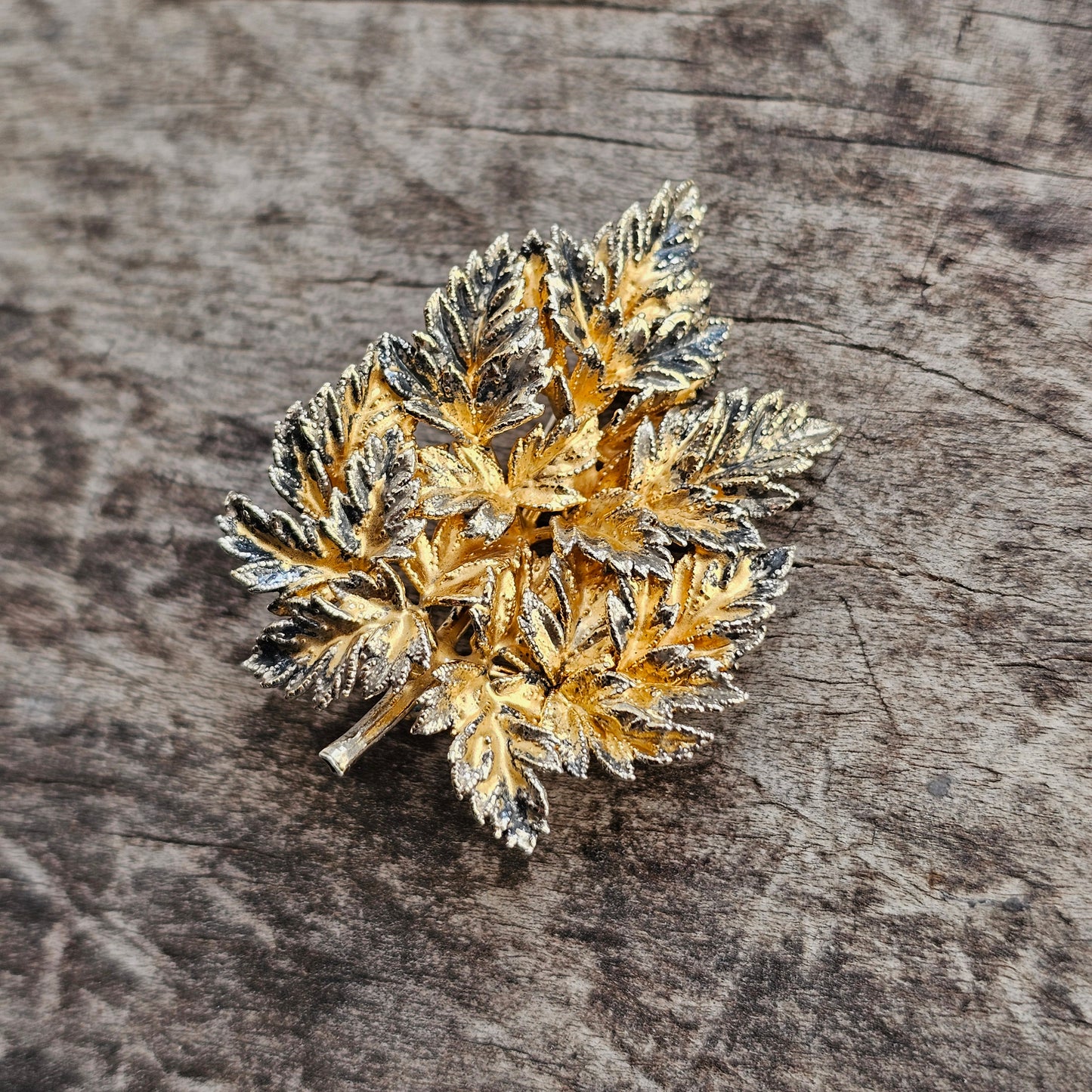 Vintage Danish Flora Danica Sterling Silver Gilt Leaf Brooch by Eggert