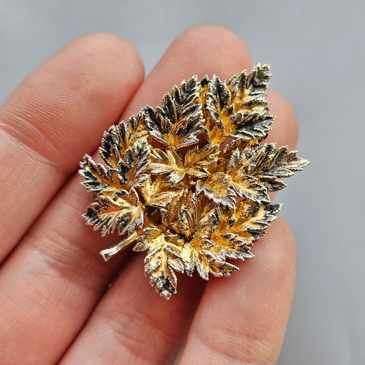 Vintage Danish Flora Danica Sterling Silver Gilt Leaf Brooch by Eggert