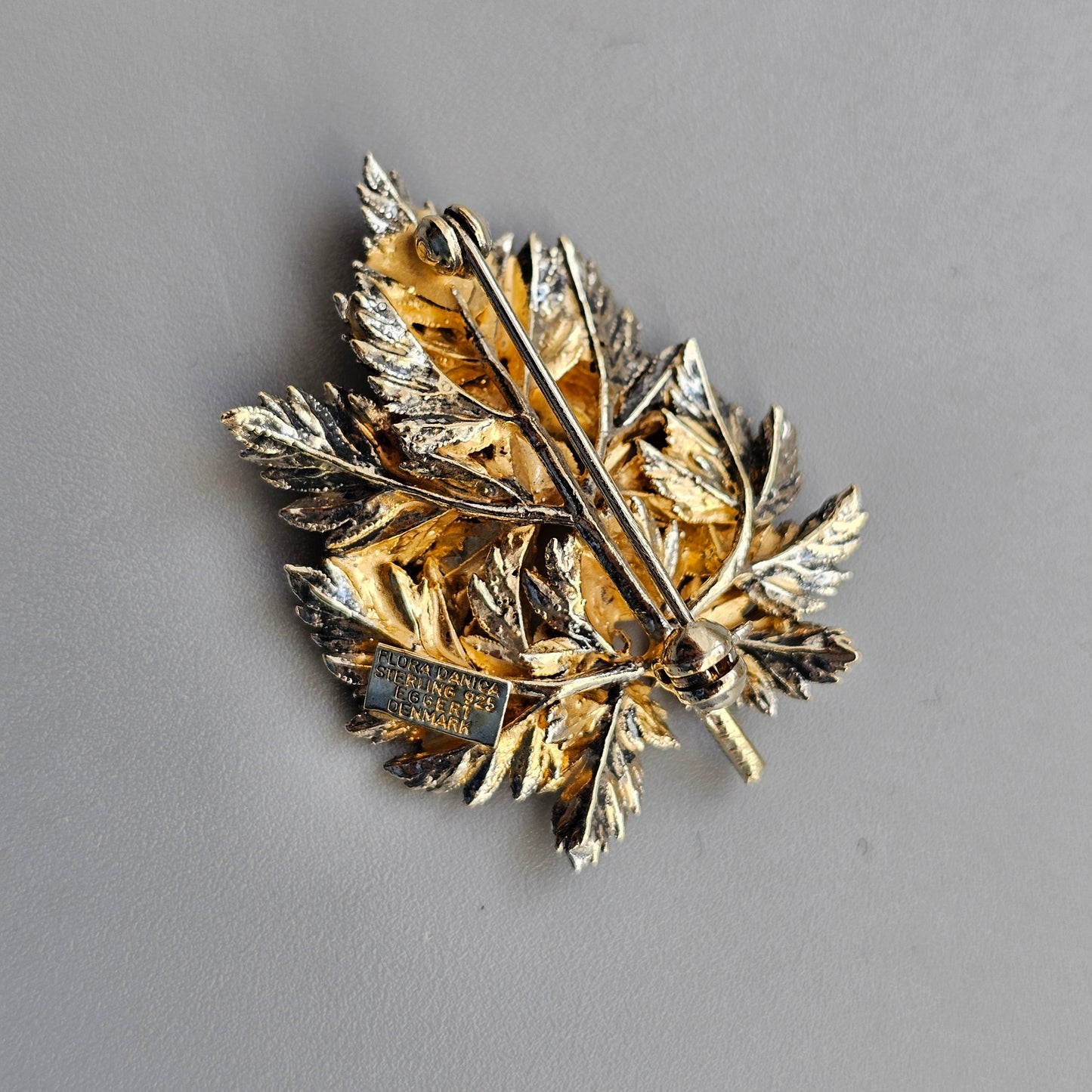 Vintage Danish Flora Danica Sterling Silver Gilt Leaf Brooch by Eggert