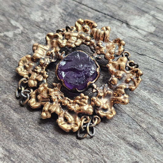 Vintage Finnish Brutalist Bronze & Raw Amethyst Brooch Kaarna Bark by Pentti Sarpaneva 1960s 1970s