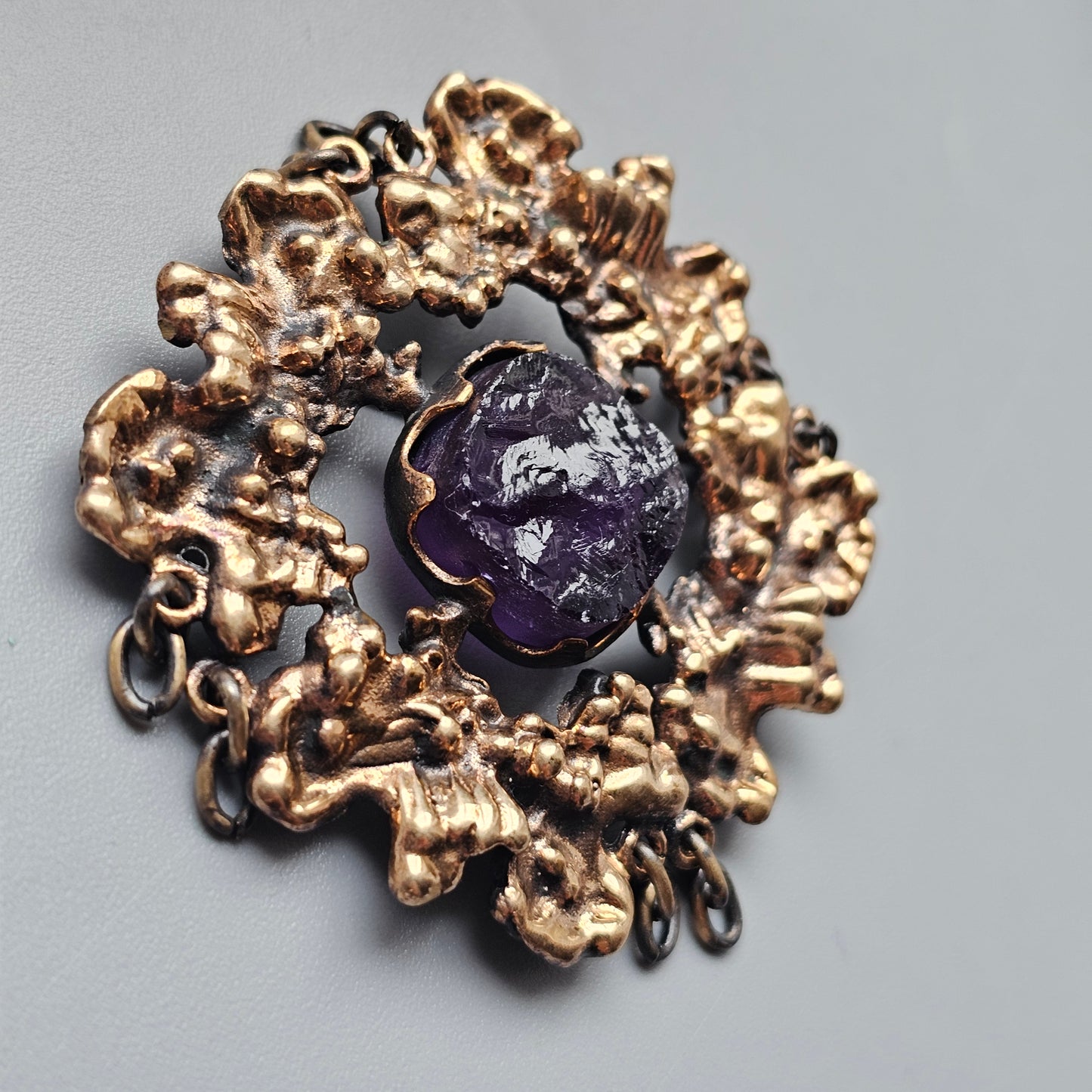 Vintage Finnish Brutalist Bronze & Raw Amethyst Brooch Kaarna Bark by Pentti Sarpaneva 1960s 1970s