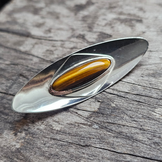 Nordic Modernist Silver Brooch with Tiger’s Eye by Turun Hopea