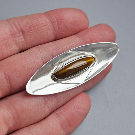 Nordic Modernist Silver Brooch with Tiger’s Eye by Turun Hopea