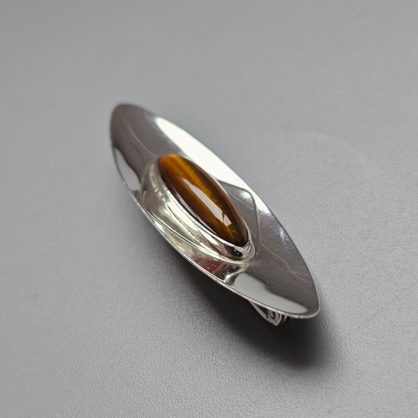 Nordic Modernist Silver Brooch with Tiger’s Eye by Turun Hopea