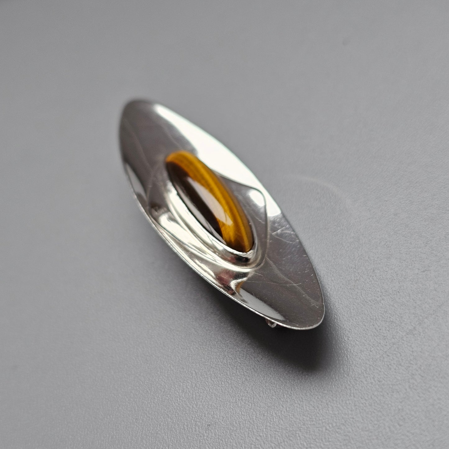 Nordic Modernist Silver Brooch with Tiger’s Eye by Turun Hopea