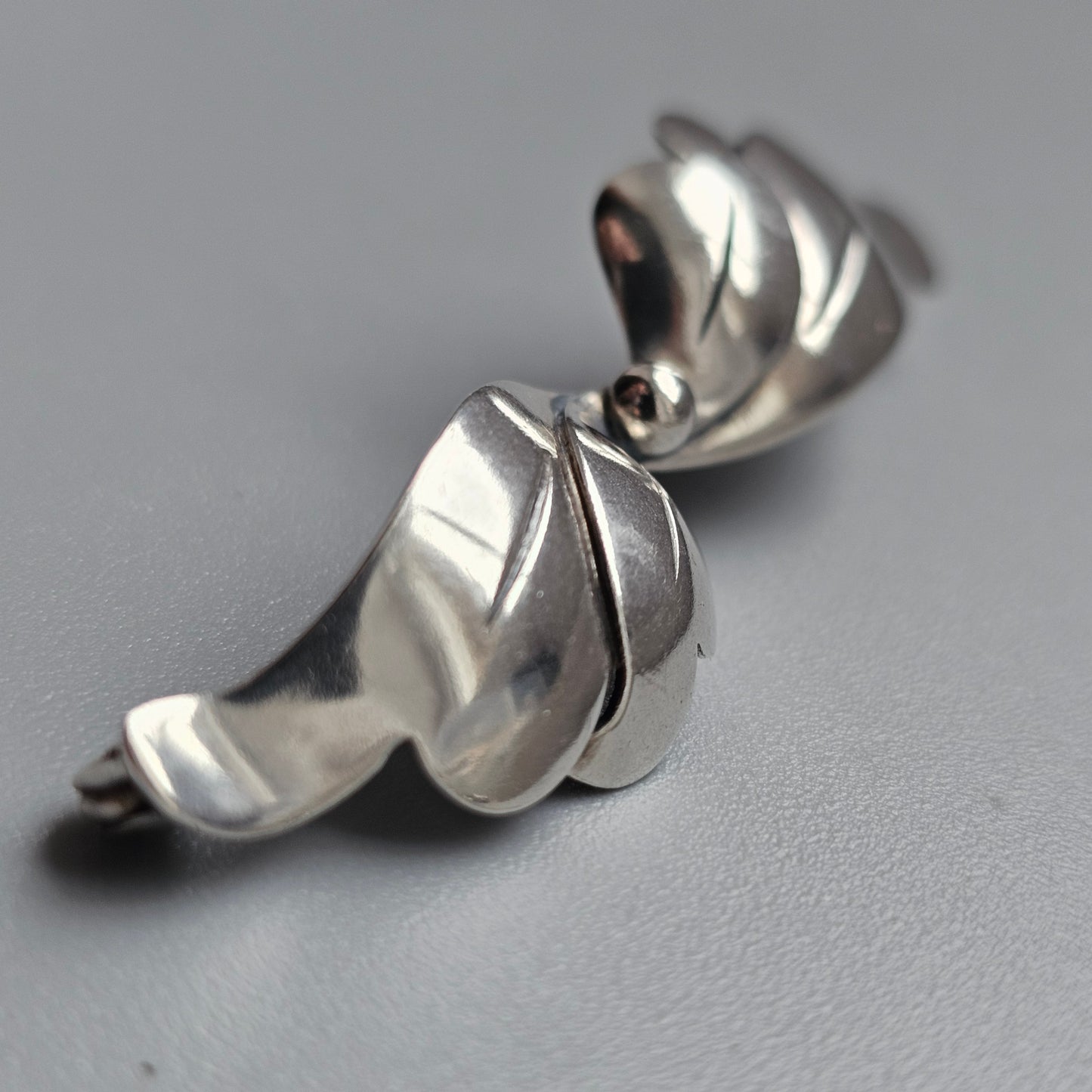 Vintage Mid Century Danish Silver Modernist Leaf Bow Brooch