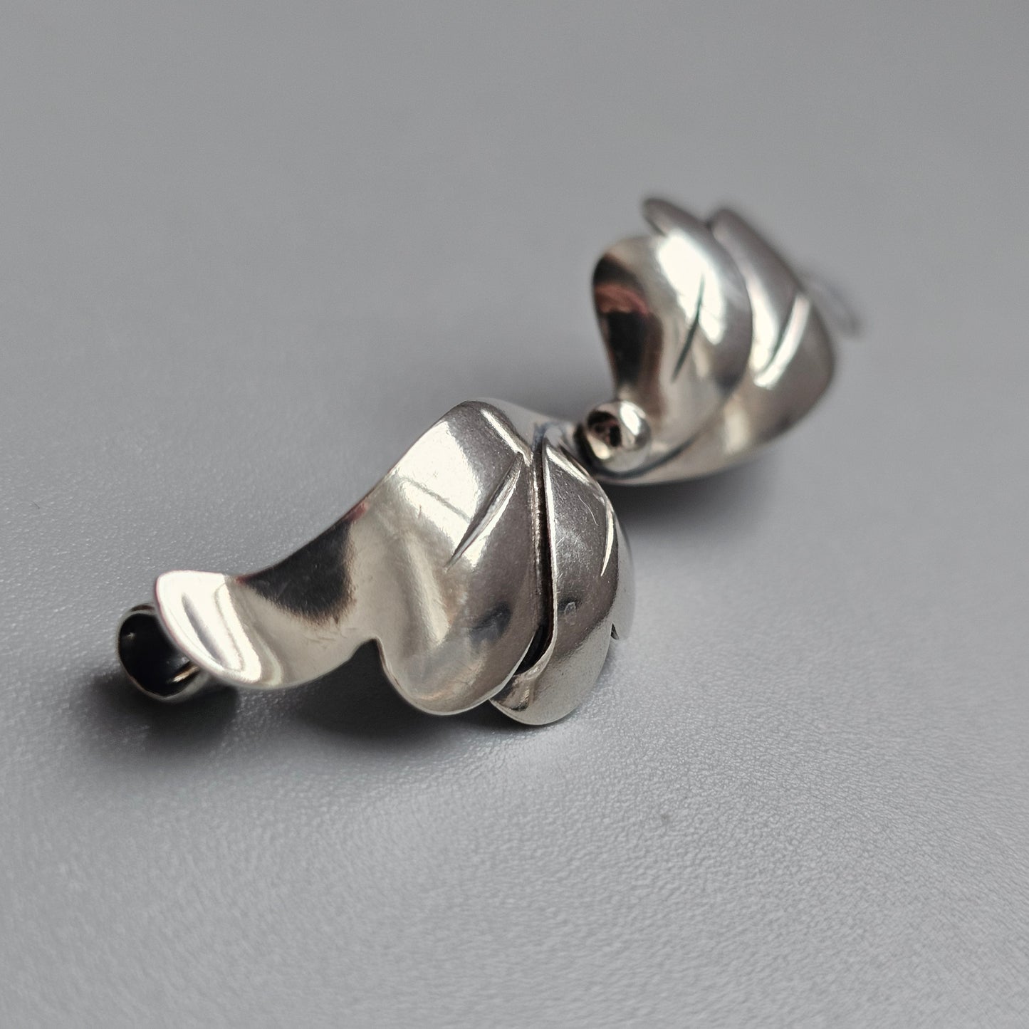 Vintage Mid Century Danish Silver Modernist Leaf Bow Brooch