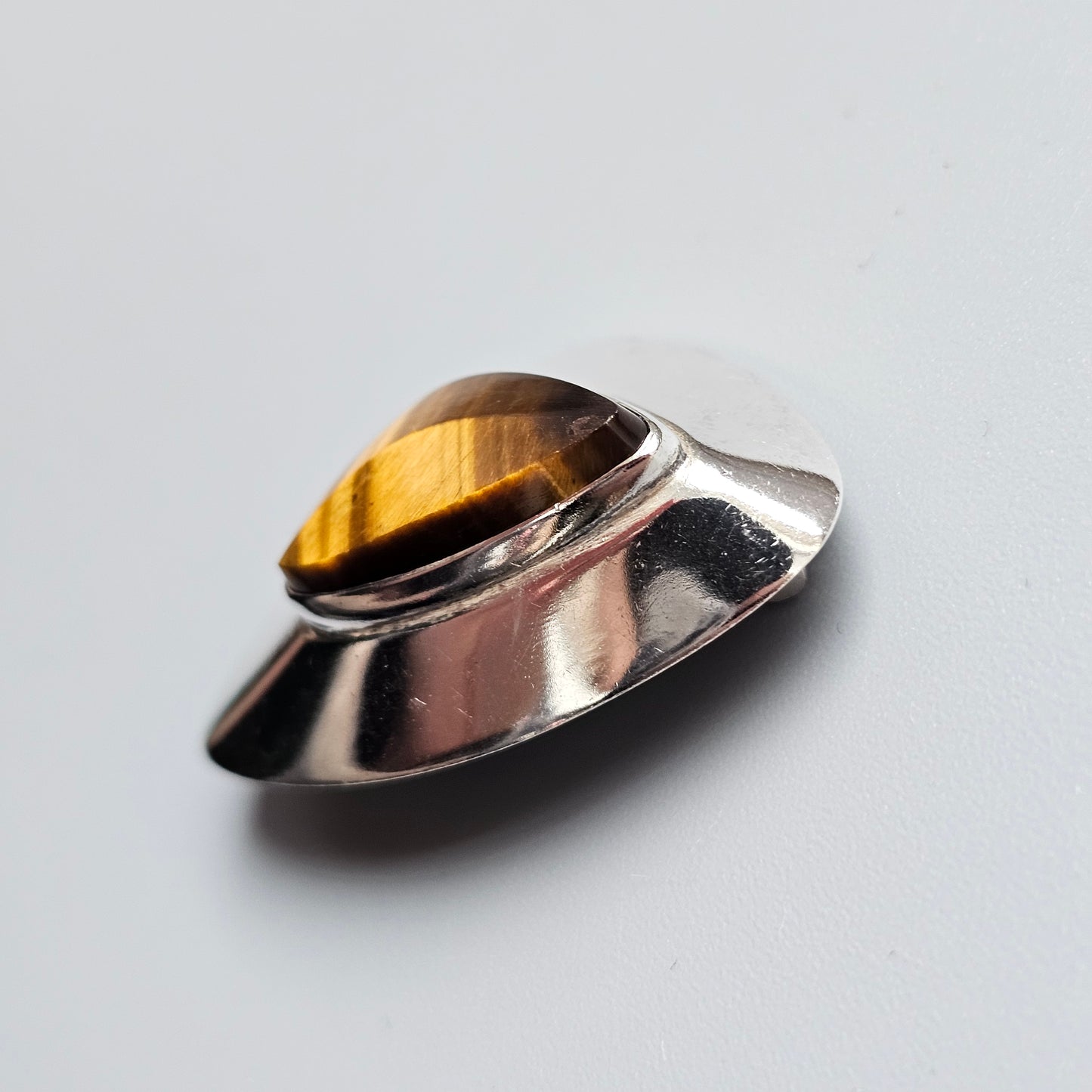 Vintage Finnish Modernist Silver & Tiger’s Eye Brooch by Jalosepot 1963