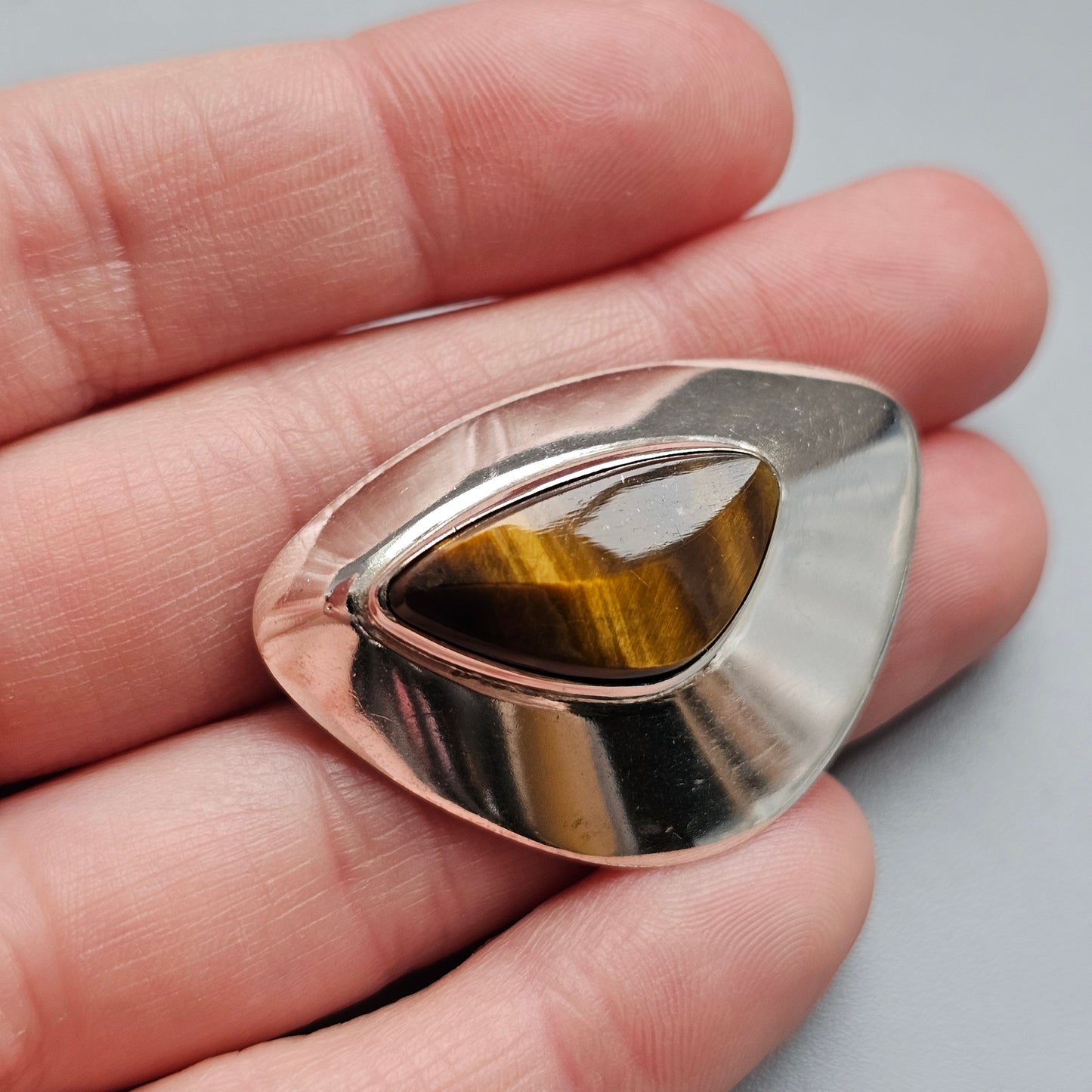 Vintage Finnish Modernist Silver & Tiger’s Eye Brooch by Jalosepot 1963