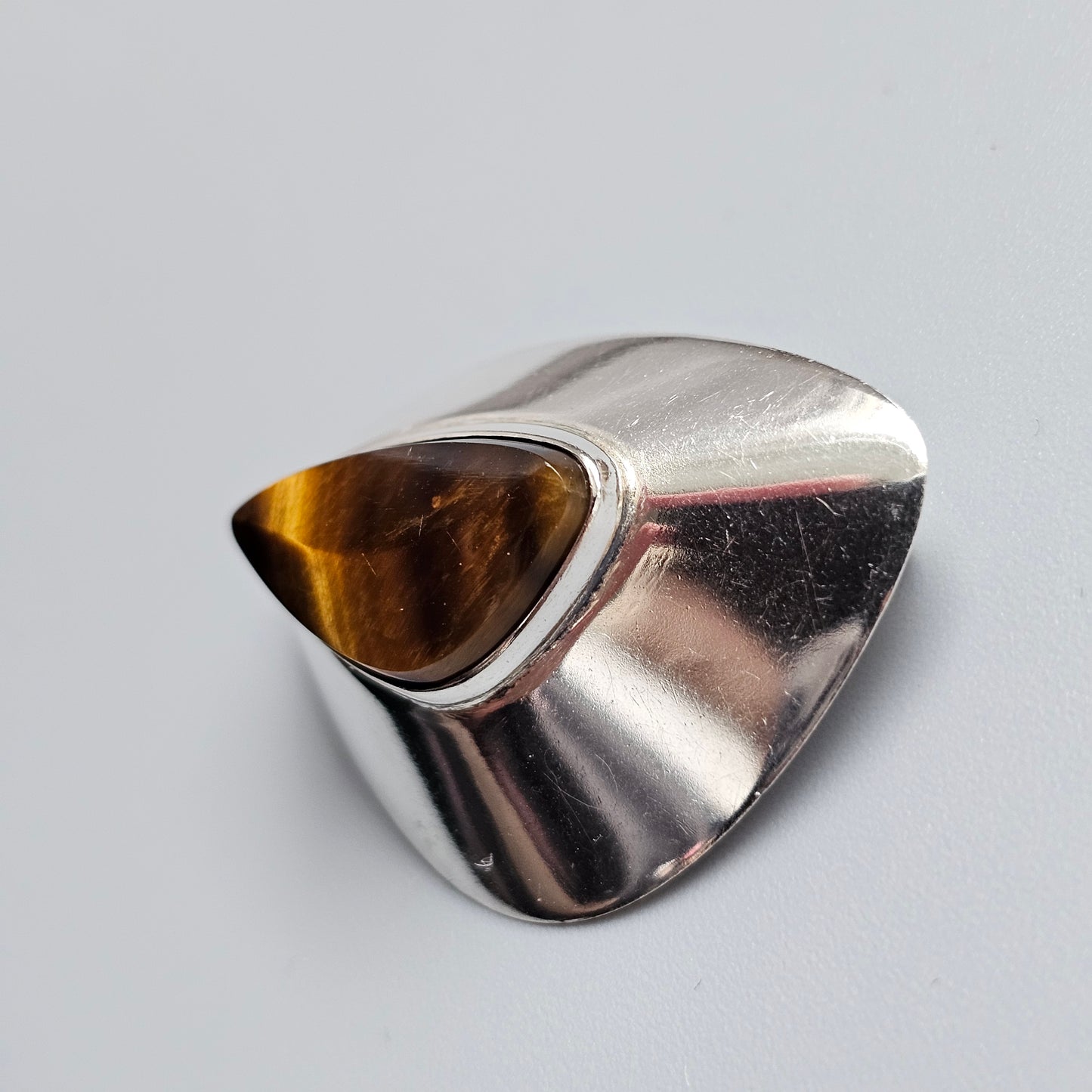 Vintage Finnish Modernist Silver & Tiger’s Eye Brooch by Jalosepot 1963