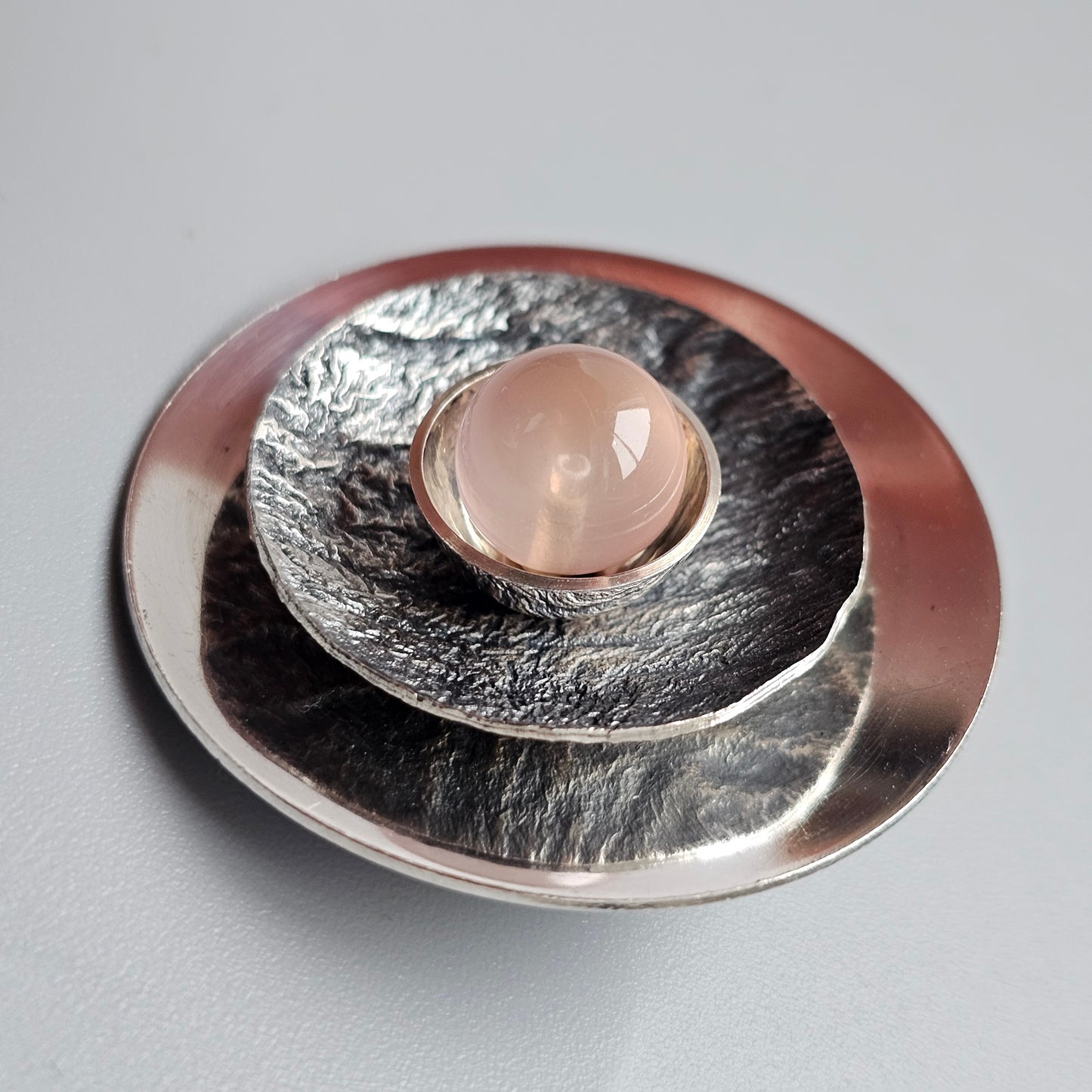 1960s 1970s Vintage Finnish Modernist Silver & Rose Quartz Brooch by Turun Hopea