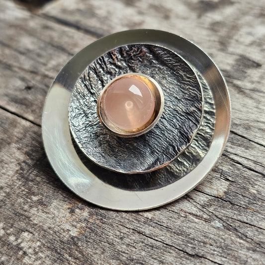 1960s 1970s Vintage Finnish Modernist Silver & Rose Quartz Brooch by Turun Hopea