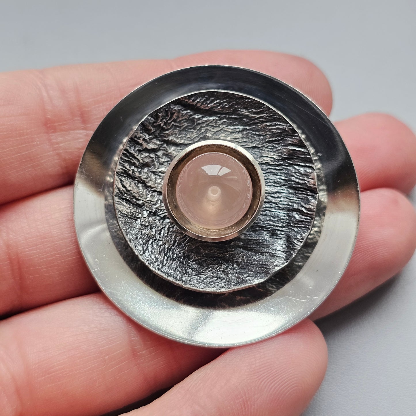 1960s 1970s Vintage Finnish Modernist Silver & Rose Quartz Brooch by Turun Hopea