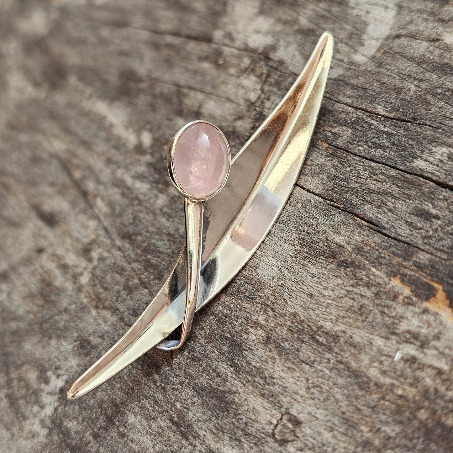 Finnish 1960s Modernist Silver Rose Quartz Flower Brooch by Elis Kauppi Kupittaan Kulta