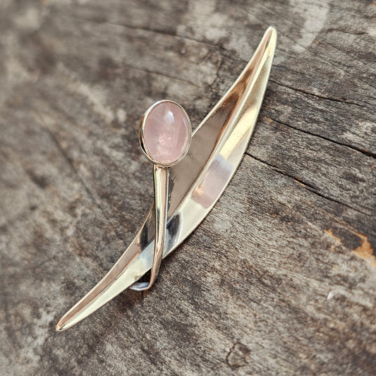 Finnish 1960s Modernist Silver Rose Quartz Flower Brooch by Elis Kauppi Kupittaan Kulta