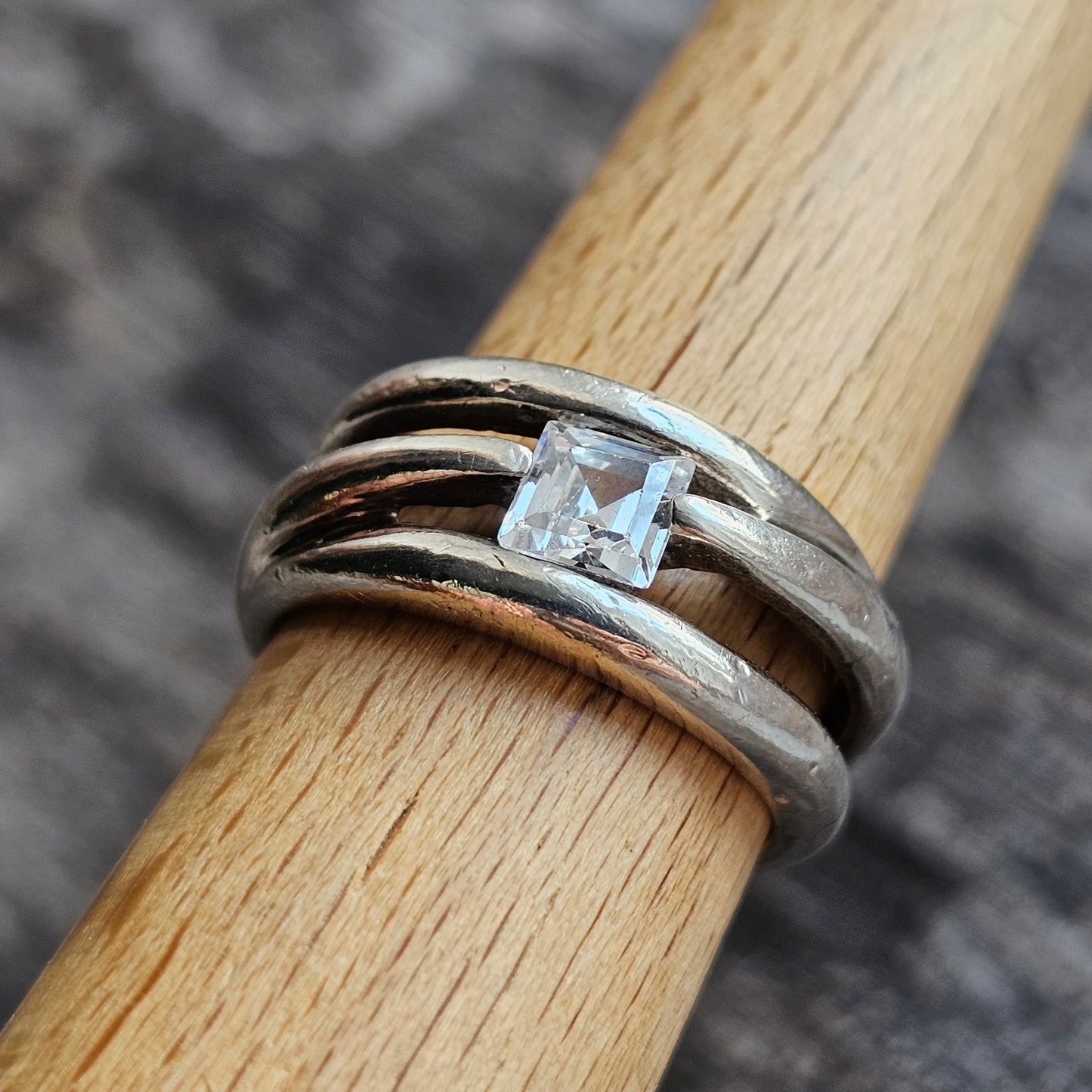 Contemporary Sterling Silver & Princess Cut Cubic Zirconia Ring  - UK Ring Size O 1/2 - US Ring Size 7.5