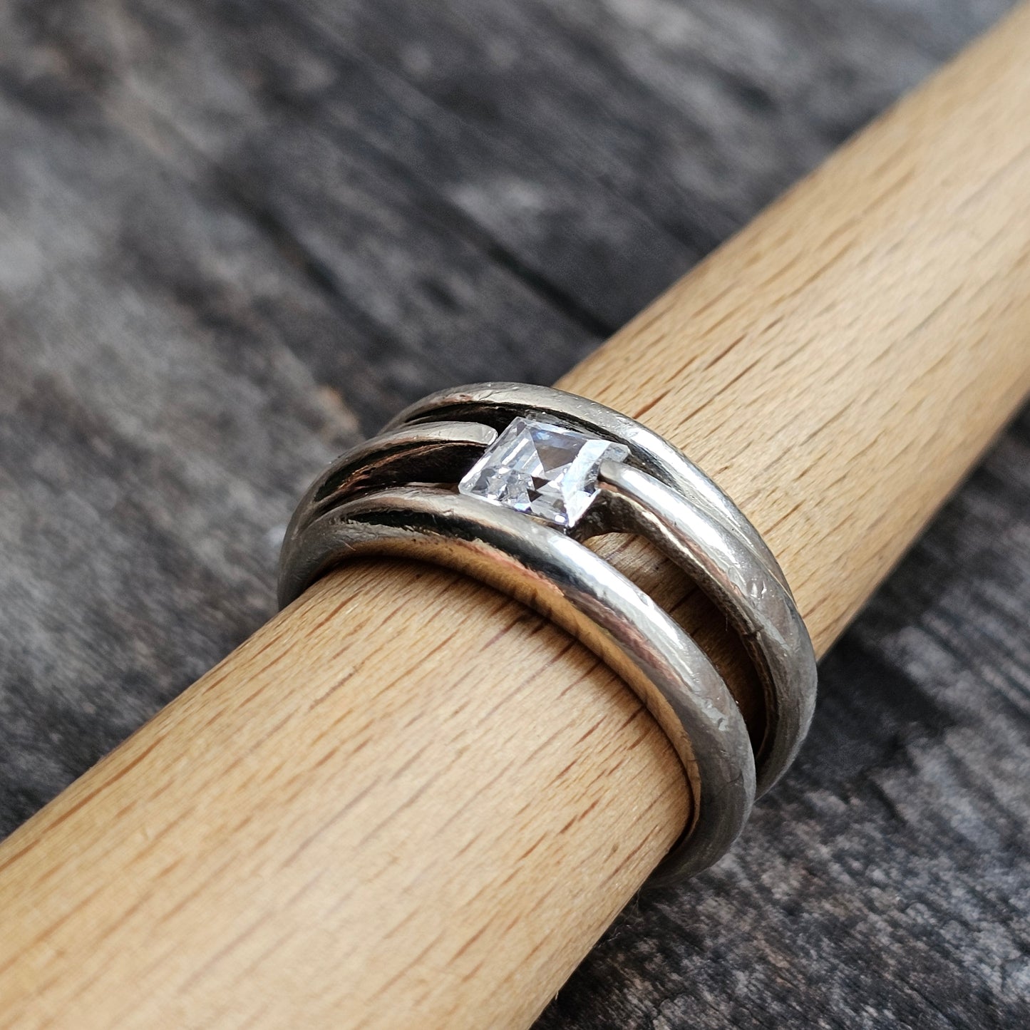 Contemporary Sterling Silver & Princess Cut Cubic Zirconia Ring  - UK Ring Size O 1/2 - US Ring Size 7.5