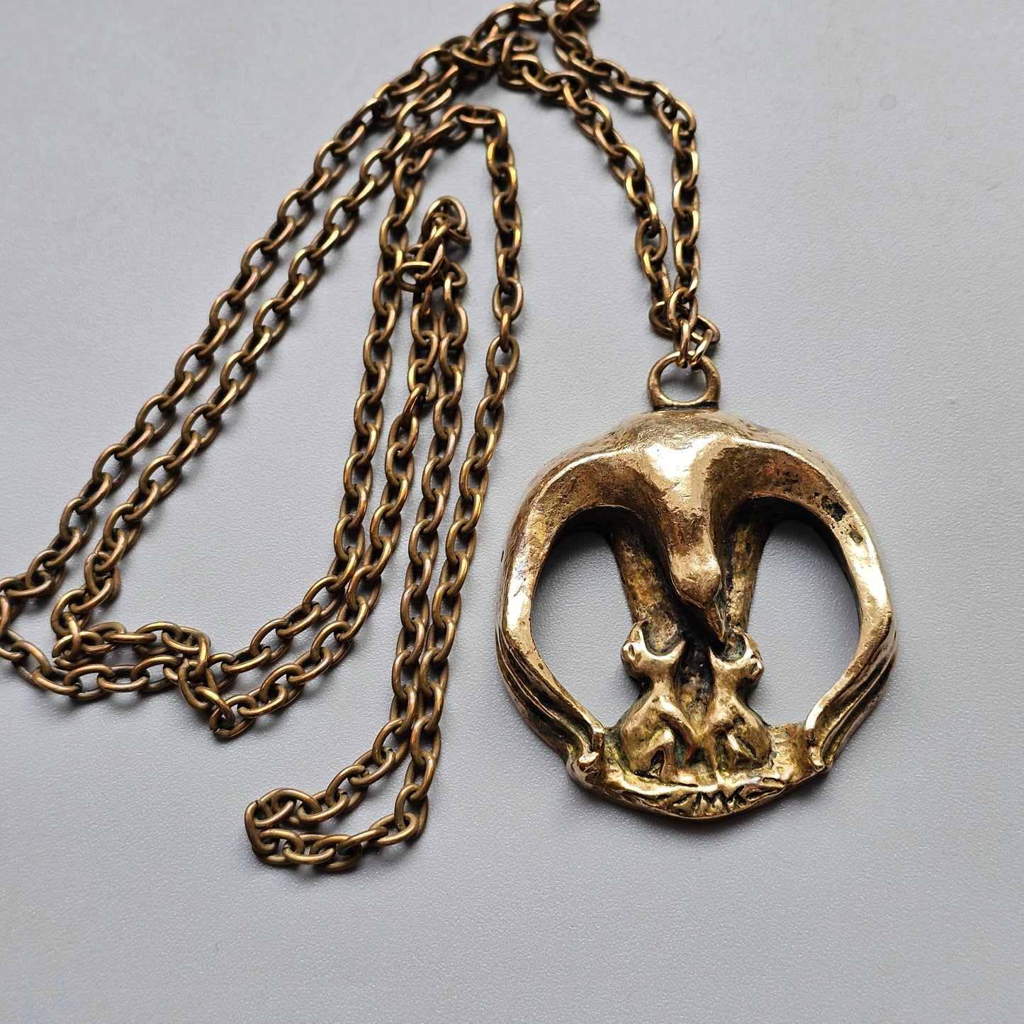 Vintage Sculptural Modernist Eagle Bronze Necklace