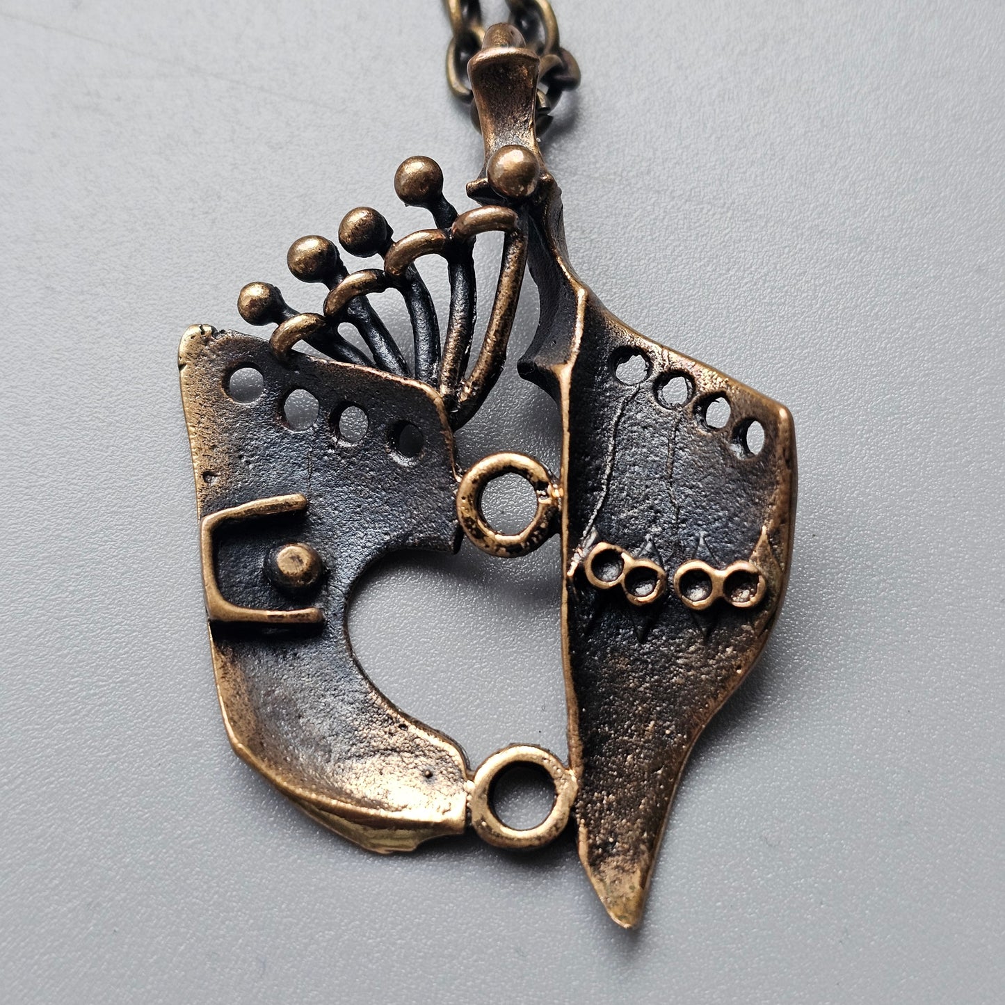Vintage Finnish Bronze Pendant Necklace 1970s Modernist Brutalist Style