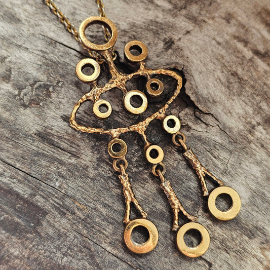 Vintage Finnish Bronze Kinetic Dangle Pendant Necklace 1970s Modernist Brutalist Style